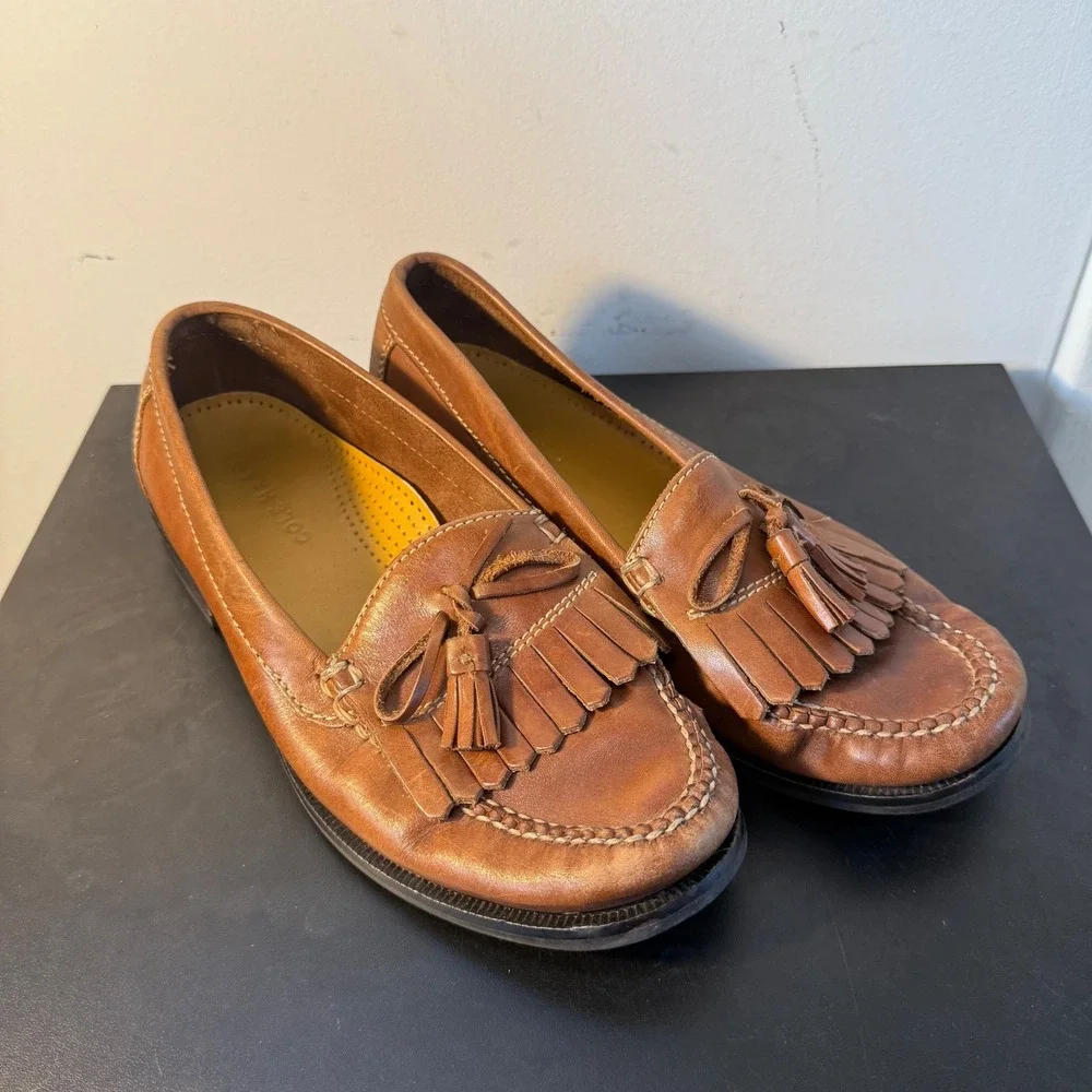 Cole Haan Tan‎ Leather Kiltie Tassel Loafers Shoes Mens Size 8 M Business Casual